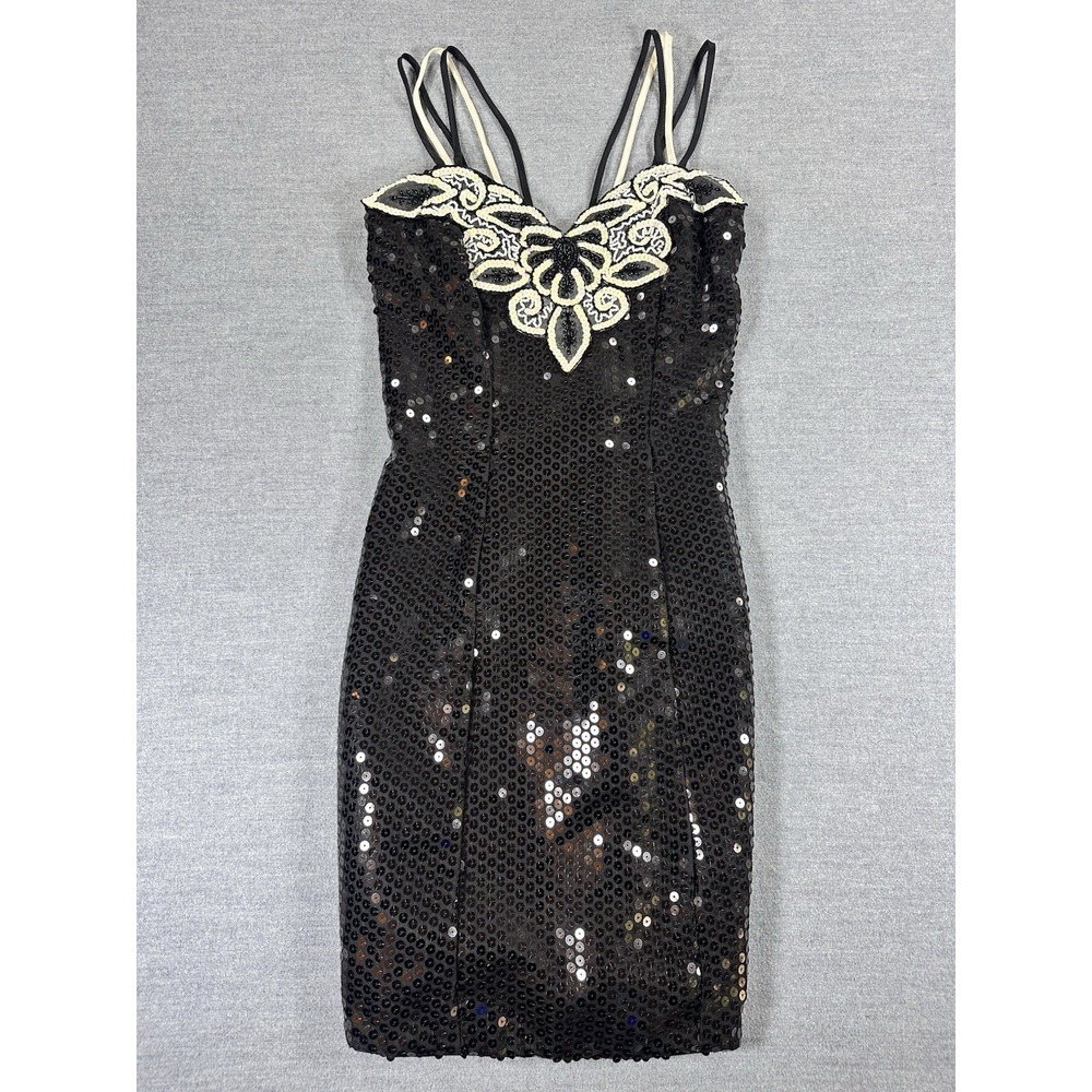 Vintage 80s Michel Vincent Sequin Dress 7/8 Black Beaded Cocktail Union Made USA